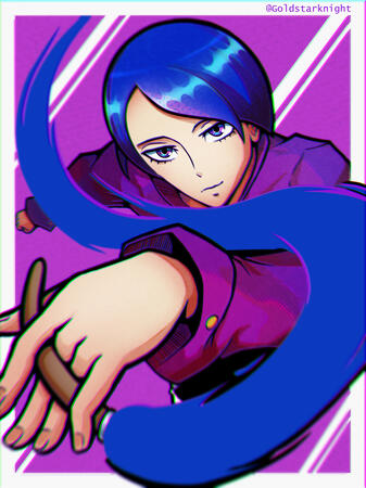 Yusuke Kitagawa from Persona 5 rendered in an anime-esque style using chromatic abberation, soft lighting and blur. Yusuke is jumping out of the purple background towards the viewer, holding his brush confidently in an awkward grip in his left hand. A long