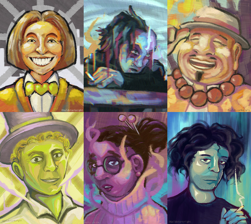 TTRPG Portraits (2024) Portraits of some TTRPG (non-)player characters from a game I ran for my friends. Inspired by the portraits from Disco Elysium.