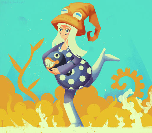A picture book style illustration of Eruka Frog from Soul Eater. She is posing in front of an abstract background, holding one of her tadpoles. The rendering uses a mix of flat and shaded shapes.