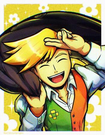 Sorry to keep you waiting! 🌼✨ Flowery from Deltarune smiling at the viewer in his introduction pose from the chapter 5 cinematic. The background consists of a yellow rectangle with a flower and sparkle pattern.