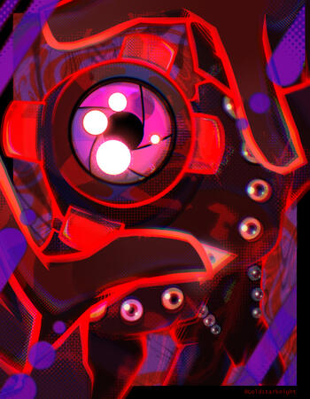 The Camera from YIIK I.V is leaning toward the viewer. Its fingers form a rectangle, framing its head. The image makes heavy use of post-processing effects like chromatic abberation, blur, layer modes and digital screentones. The outlines of the character