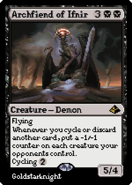 An animated pixelart rendition of the Magic: The Gathering card Archfiend of Ifnir from the set Amonkhet. The demon is breathing calmly, periodically spreading its wings.