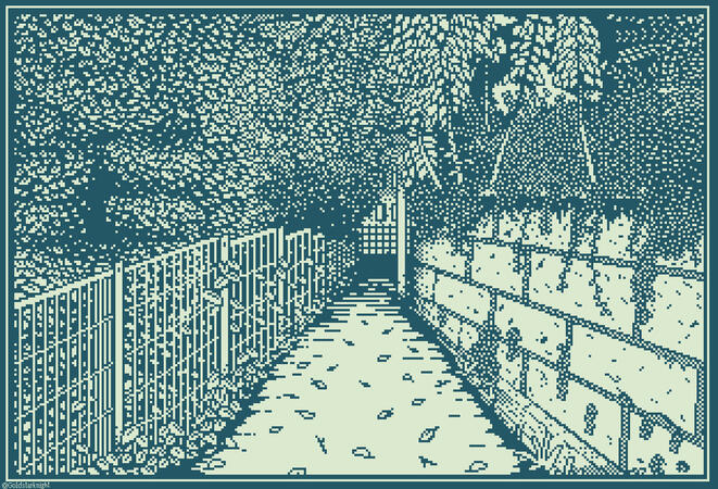 A 1-bit pixelart piece showing a small path that leads towards some kind of fence with what appears to be windows behind it. The colors are a pale green and a very dark shade of blue. To the right is a brick wall overgrown with plants that reach down towar