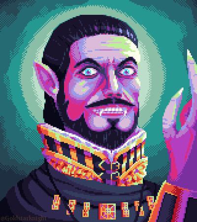 A pixelart portrait of Vito Quijano de Pasamonte from Magic: The Gathering in bright neon colours. Vito is looking at the viewer with an intense stare and malicious grin. His hand and arm are visible at the right border of the frame. Vito's blue eyes have