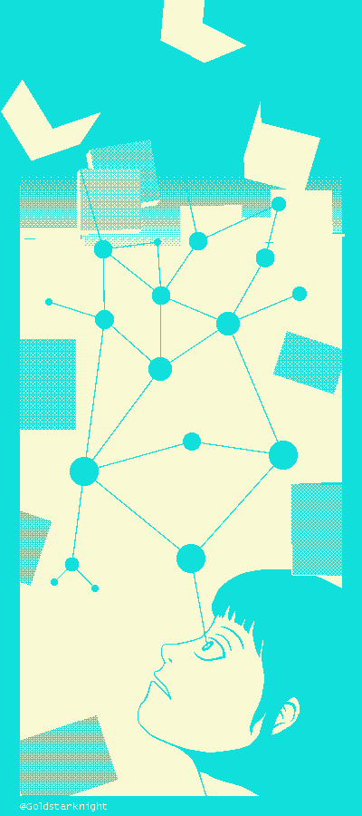 "Visions of a unified design in my mind And to see it, is to sort it, is to split it all apart." An abstract 1-bit pixelart animation depicting a head looking up at the bottom of the image. A web of nodes originates from its visible eye and cubes spin around near the borders. At the top of the image the background dissolves into cubes rising upwards.