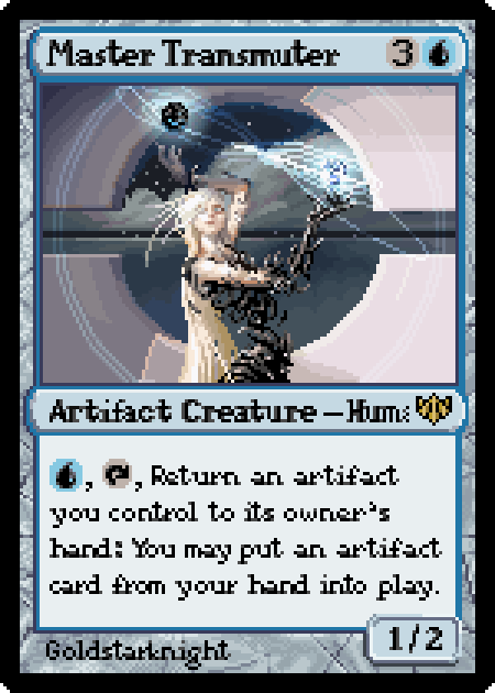 Animated pixelart version of the MtG card Master Transmuter. The character in the image is holding two metal spheres aloft with magic, letting them spiral above their head in a figure eight motion.