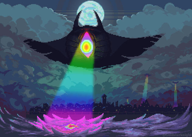 Giant Ray (2024) A pixelart image of a giant manta ray descending from stormy clouds onto a city near the sea. Behind its head a pale moon glows. The ray itself is only a dark shape without much detail. It has a single rainbow-coloured eye that is emitting a rainbow-colour