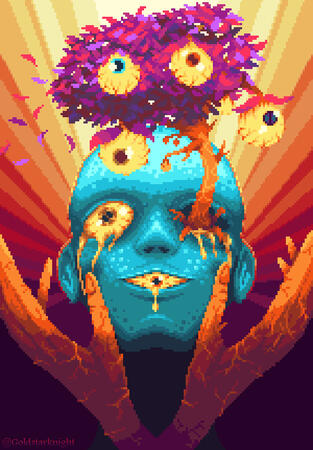 The Apple of My Eye Doesn't Fall Far From the Tree (2022) A pixelart portrait of a blue head with uneven skin has a tree with red and purple foliage growing out of its left eyesocket. The tree is taking root in the figure's skin. Its right eye is yellow and there is another eye instead of its mouth. All eyes and