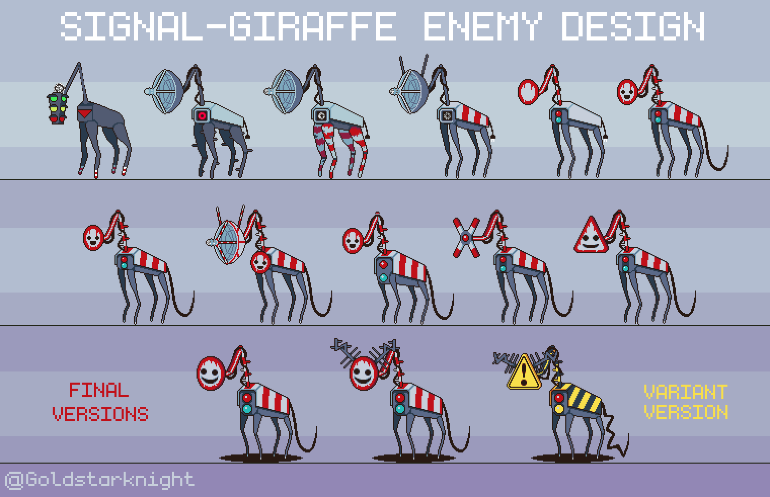 Signal-Giraffe Enemy Design Design iterations for a creature named 'Signal-Giraffe'. It's an amalgam of traffic signs and technology that resembles a giraffe-like robot with a crooked head. The final iteration has a smiling traffic sign for a face.