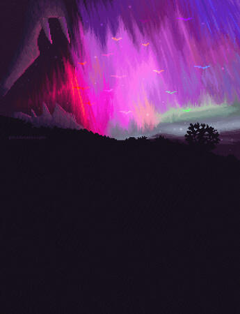 A pixelart image depicting the northern lights above a black landscape. Ghostly shapes of a small flock of birds are visible in the lights, fleeing the enormous maw of a snake or reptile devouring the aurora. The lower half of the image is completely dark.