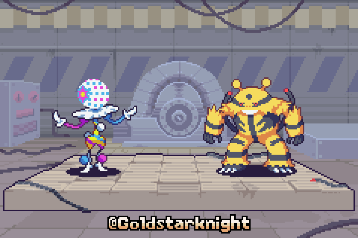 A fight between Blacephalon and Electivire in a style reminiscent of the GBA Fire Emblem games. The scene takes place in an abandoned power plant.