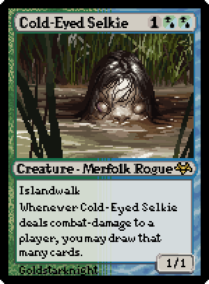 Animated pixel art proxy of the MtG crad 'Cold-Eyed Selkie'.