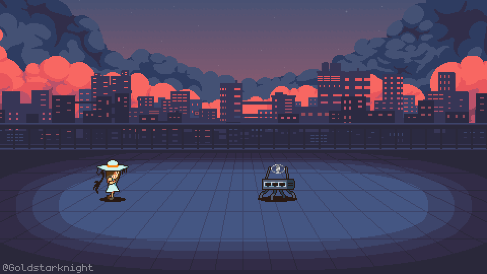 An rpg pixelart mockup for STATIC DUSK. Sombra, a girl with a large sunhat, hits a robot enemy with a shadow claw extending from siad hat. There are flashy blue effects on impact.
