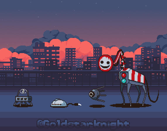 Four robot creatures standing in front of an evening city skyline. From left to right: a little modem-bot with an eye of TV-static between its antennae, a computer mouse with a mouthful of teeth, a sputnik-like drone and something resembling a giraffe asse