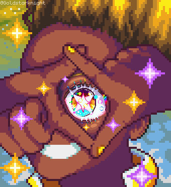 A pixelart portrait of a girl holding her fingers together to form a square, which frames her eye. The eye is much more detailed than the rest of the image, which adheres to a pixel size of 4x4 instead of 1x1. Sparkles in various pixel resolutions frame th