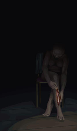 A pixelart illustration depicting a naked woman sitting on a chair in a dark room with a wooden floor. Some light is coming from the bottom right of the image, illuminating her crossed legs. The woman is bending over, opening the skin of her right leg with