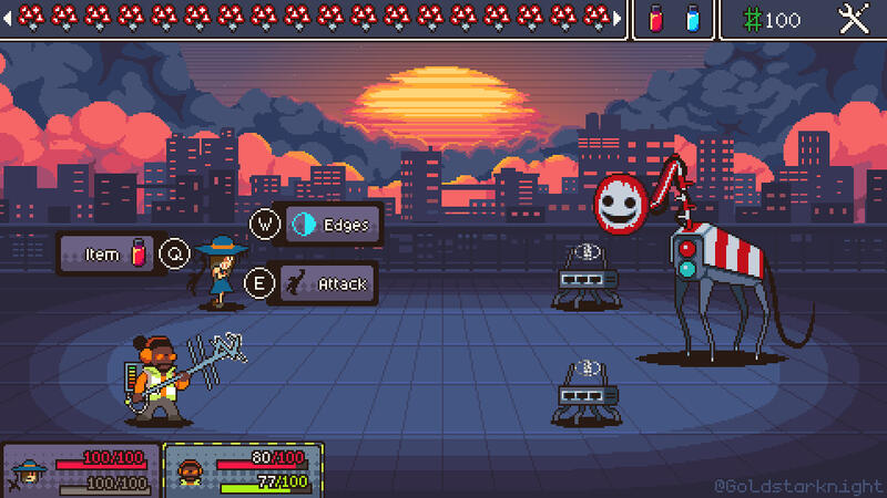 STATIC DUSK Battle Mockup A pixelart rpg battle scene. A girl with a shadow hand hanging from her hat and a civic engineer with a metal antenna emitting static are facing three robot creatures in front of a sunset over a city skyline. Two of the robots look like some sort of old ro