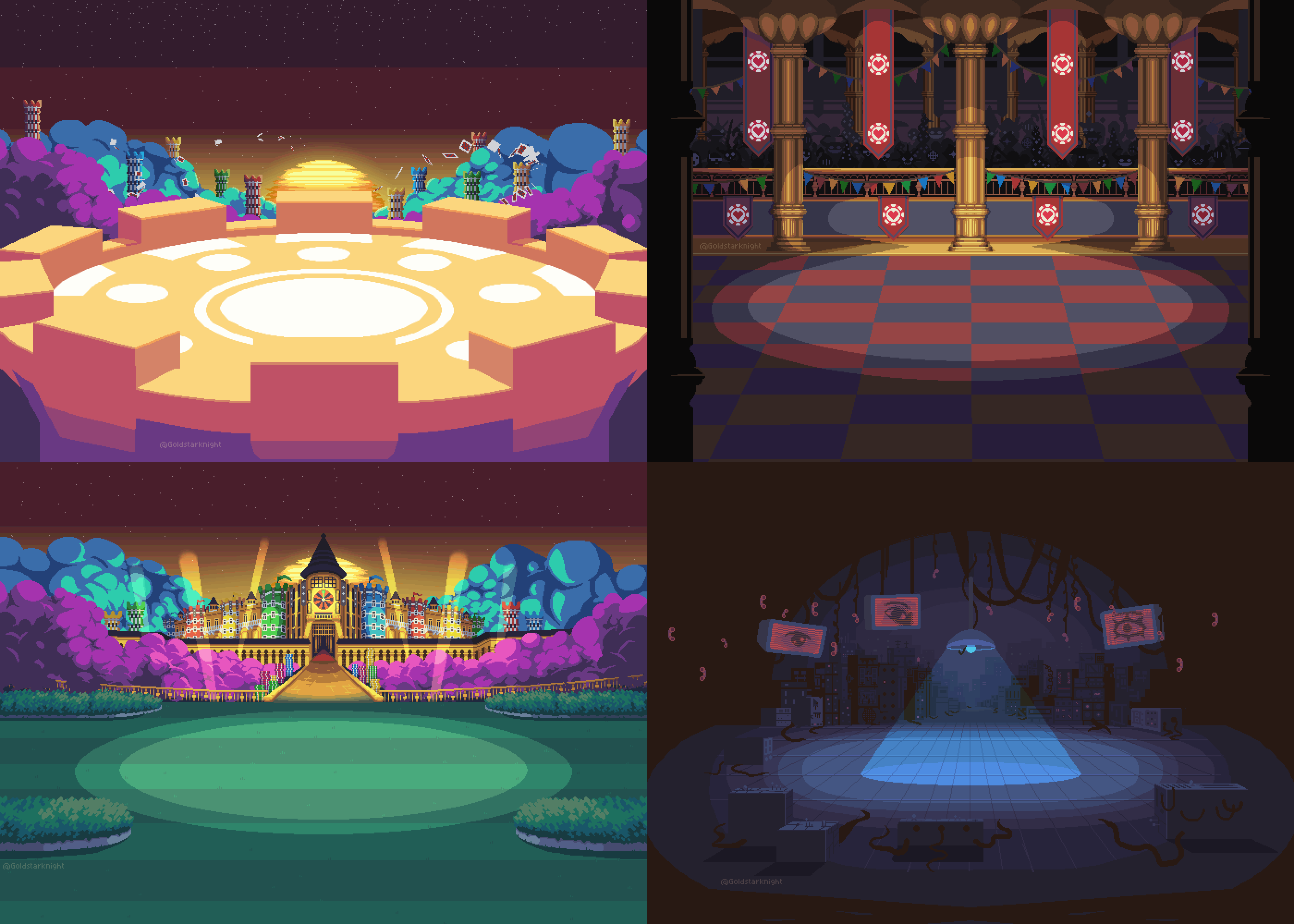 STATIC DUSK Battle BAckgrounds Four animated pixelart battle backgrounds for STATIC DUSK. From top left to bottom right: The top of a yellow tower, rising above the purple and blue clouds before a yellow sunset. Cards are flying in the wind in the background. More towers are stick out